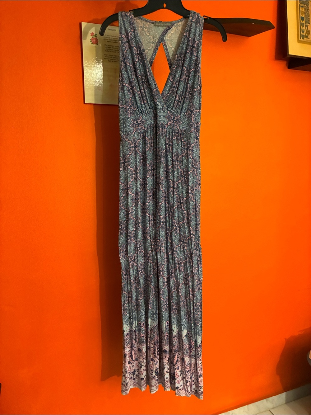 Loveappella Blue Floral Maxi Dress with Pink Accents